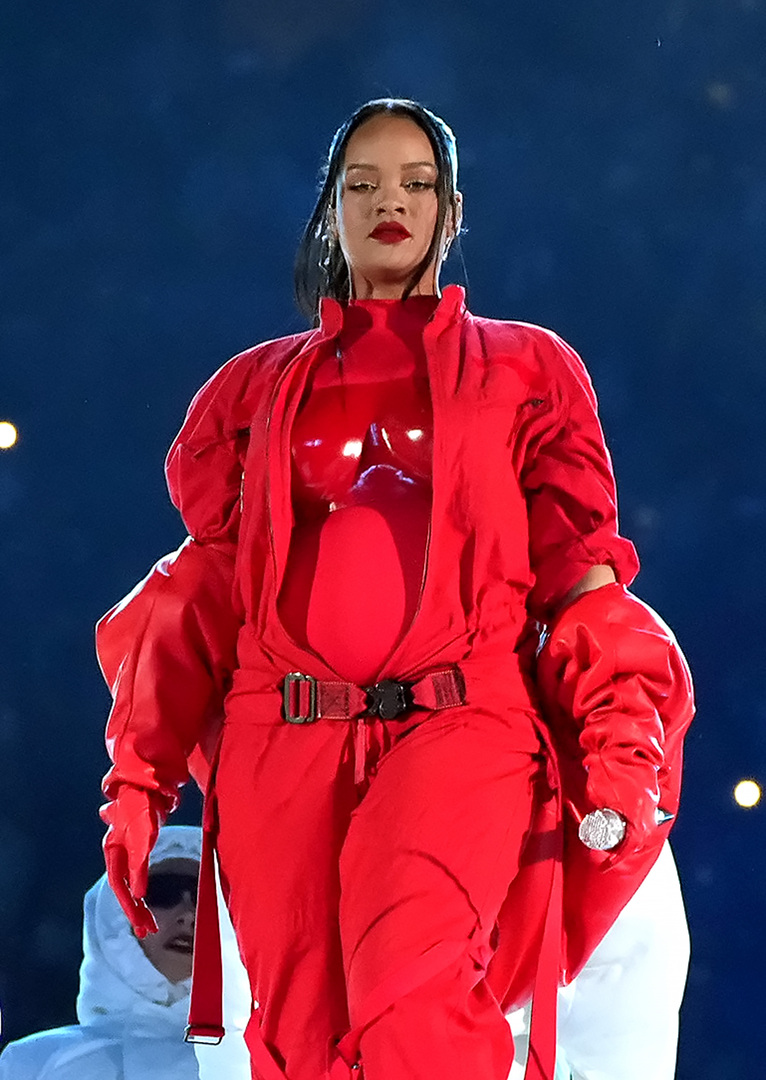 Rihanna performing at the Apple Music Super Bowl LVII Halftime Show.