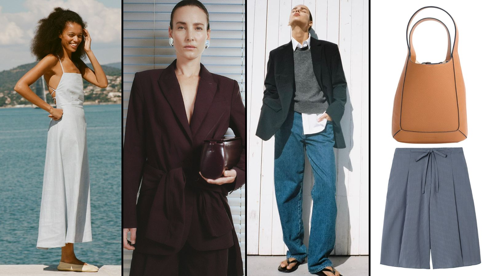 Collage of women's fashion looks featuring dresses, suits, and accessories.