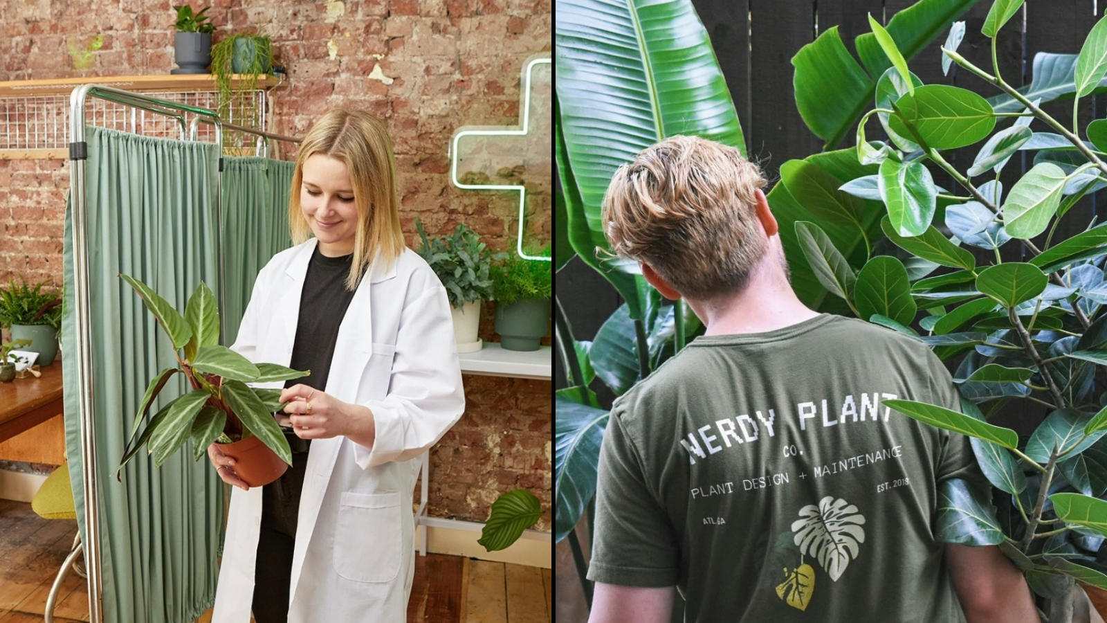Diptych featuring a woman holding a plant and a person wearing a 'nerdy plant co.' t-shirt.
